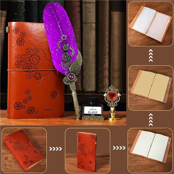Feather Quill Pen Ink Set Wax Seal Stamp Leather Notebook Calligraphy - Picture 6 of 7